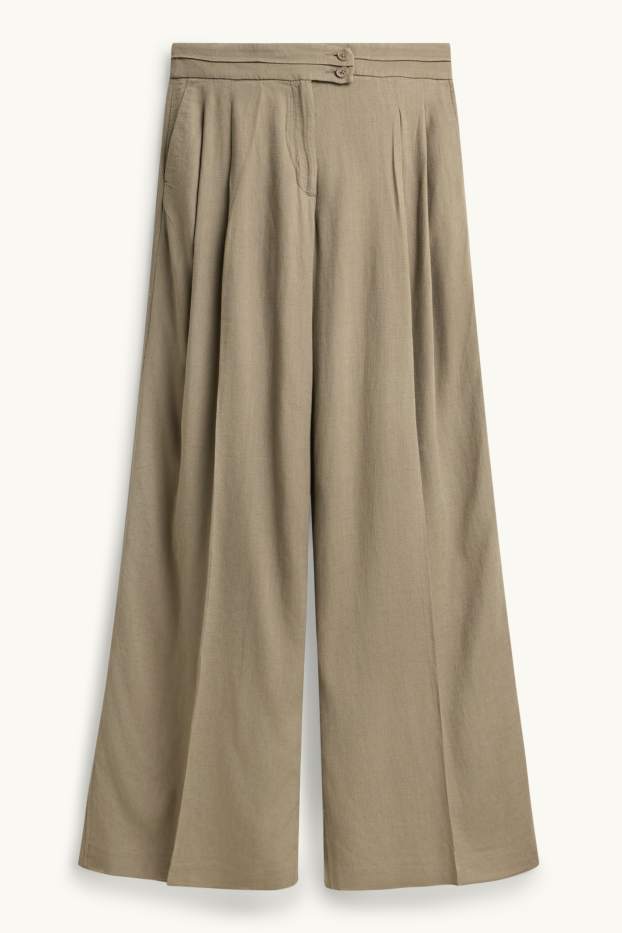 Dámské - Plátěné kalhoty - mid waist - wide leg - khaki