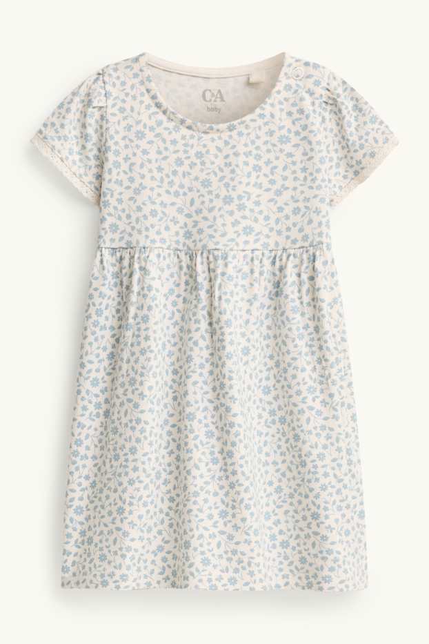 Baby: meisjes - Bloemetje - babyjurk - wit / blauw