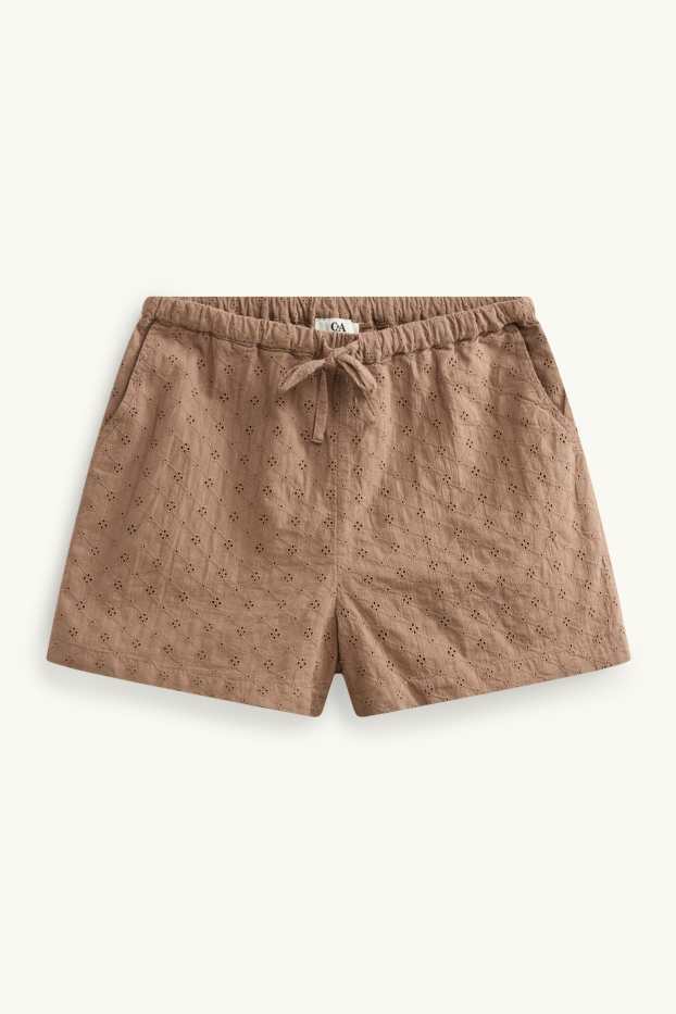 Dámské - Šortky - mid waist - anglická krajka - světle hnědá