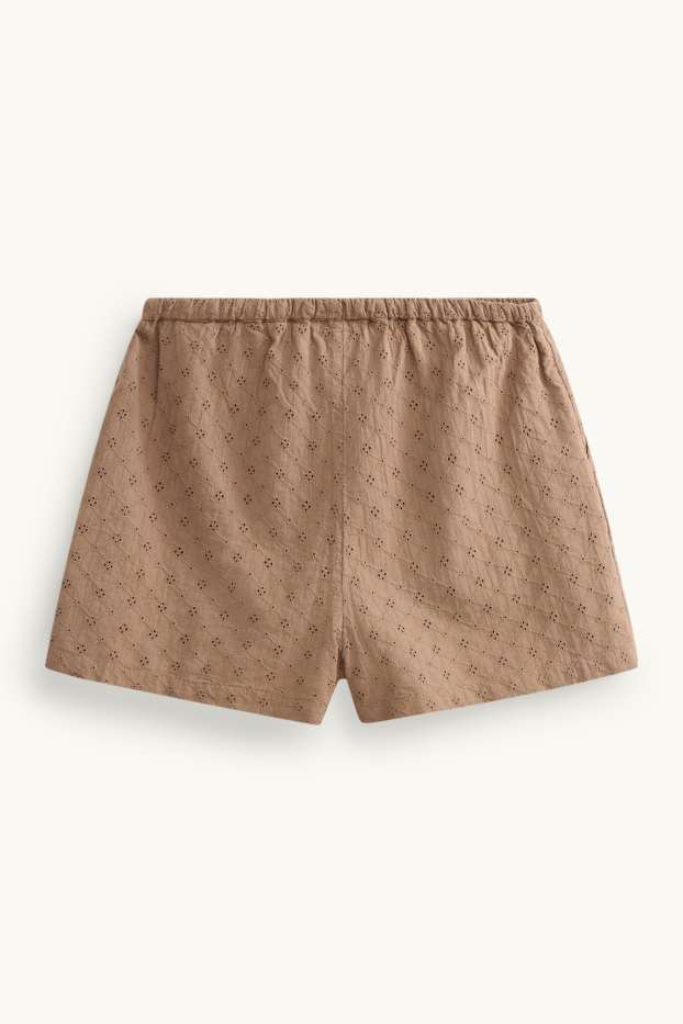 Dámské - Šortky - mid waist - anglická krajka - světle hnědá