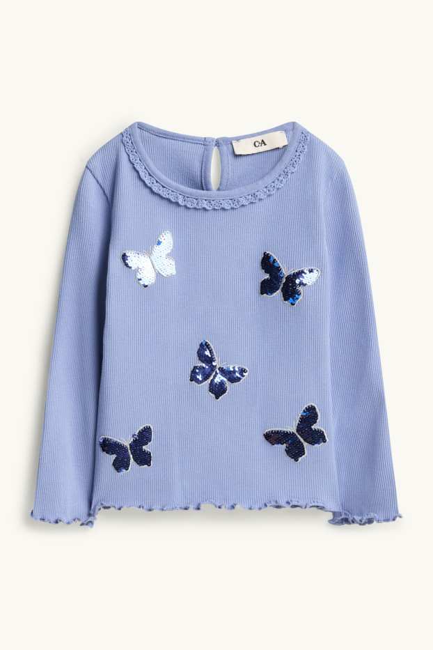 Kinderen: meisjes - Vlinder - longsleeve - geribd - glanseffect - blauw