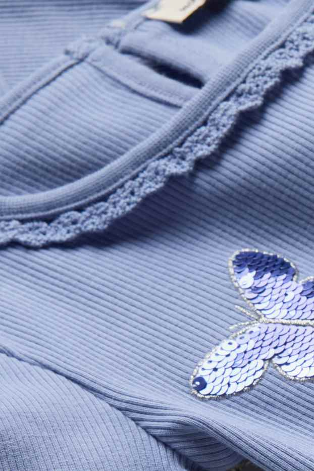 Kinderen: meisjes - Vlinder - longsleeve - geribd - glanseffect - blauw