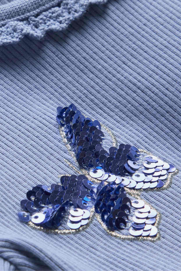 Kinderen: meisjes - Vlinder - longsleeve - geribd - glanseffect - blauw