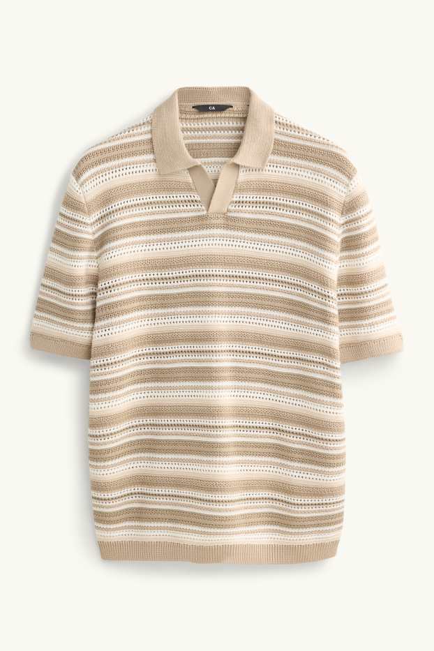 Pánské - Pletená polokošile - regular fit - pruhovaná - strukturovaná - béžová
