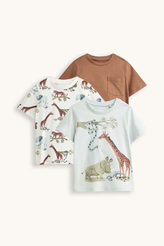 Děti - chlapci - Multipack 3 ks - divoká zvířata - tričko s krátkým rukávem - hnědá