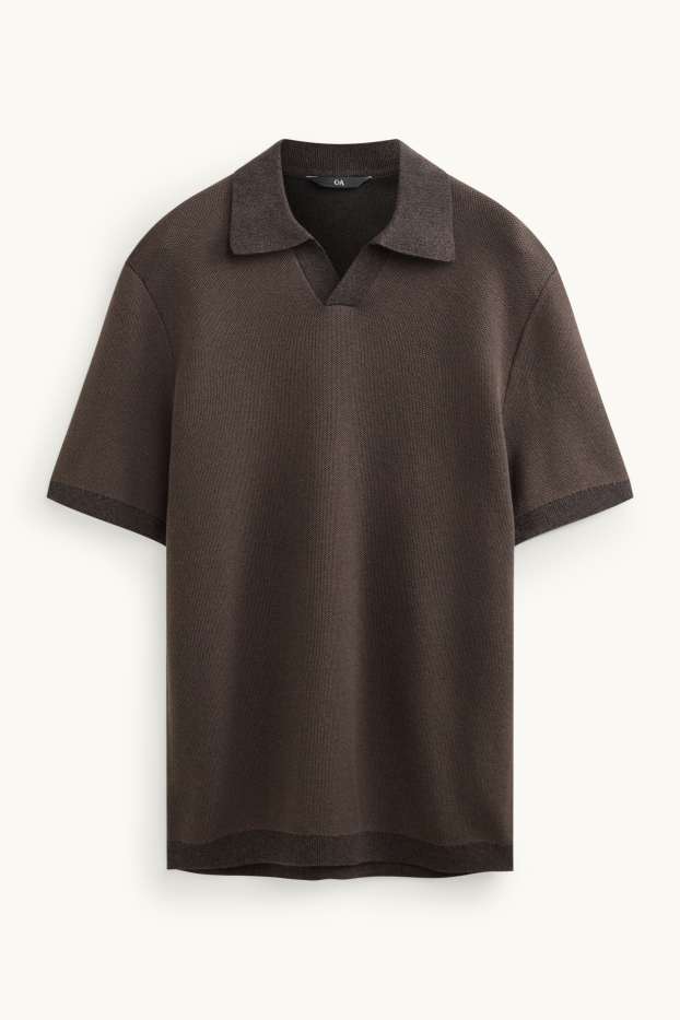 Pánské - Pletená polokošile - regular fit - strukturovaná - hnědá