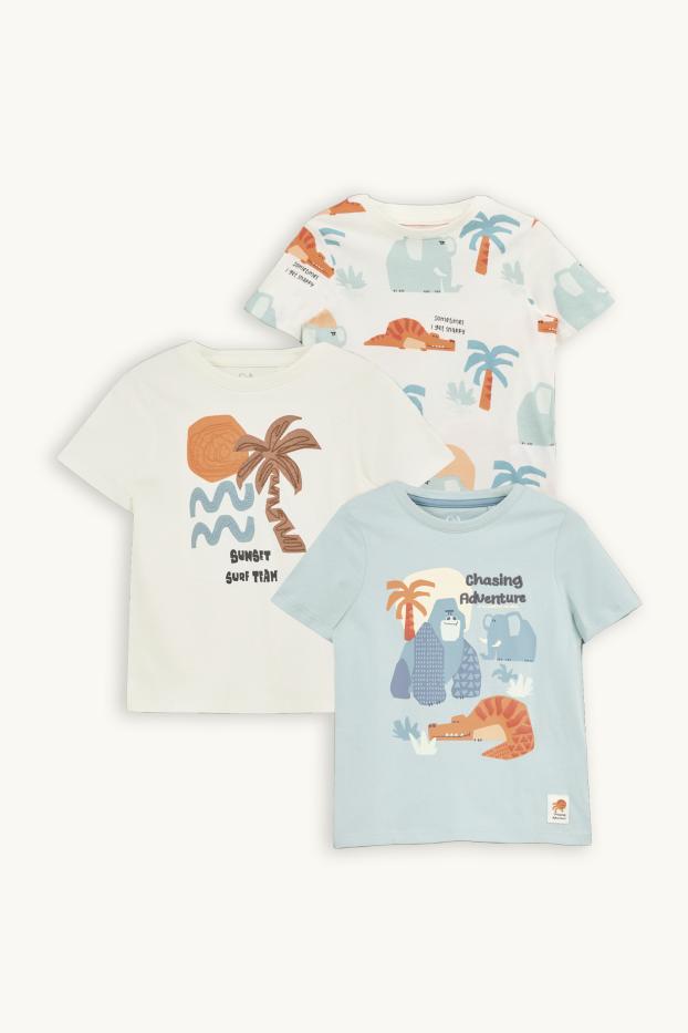 Bambini - Confezione da 3 - motivo palme e animali selvatici - t-shirt - bianco / azzurro
