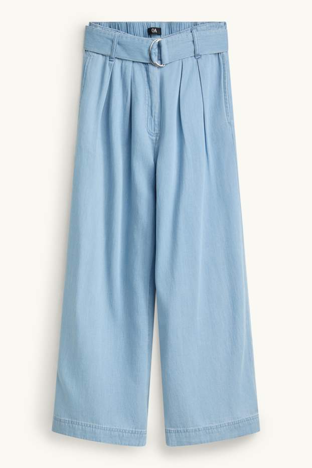 Dames - Kortere pantalon met ceintuur - high waist - wide leg - jeanslichtblauw