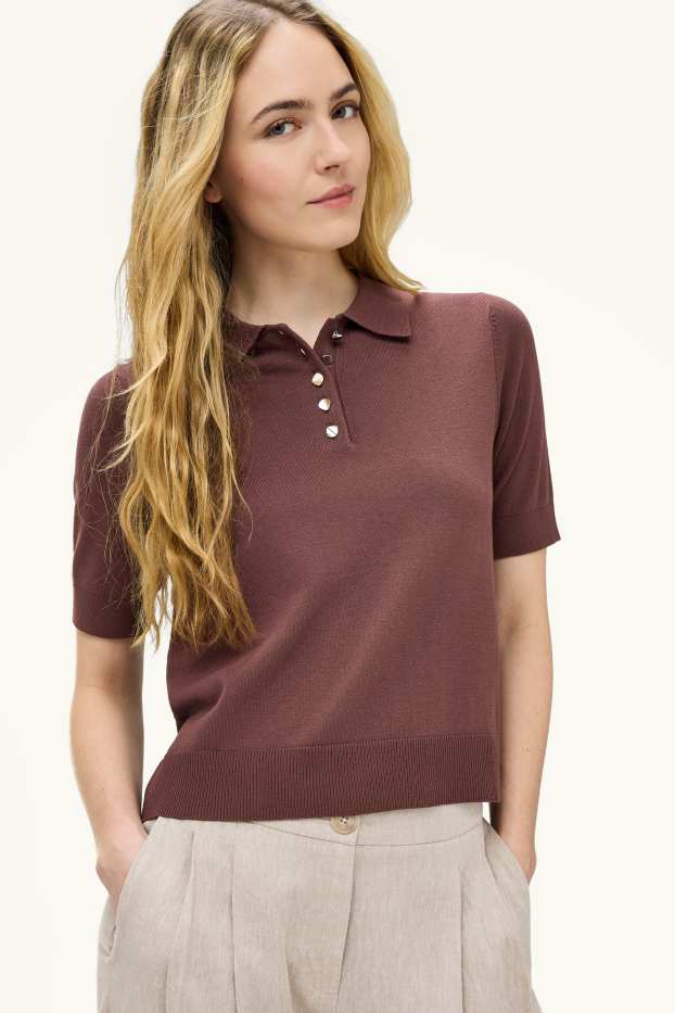 Dames - Gebreid poloshirt - regular fit - bruin