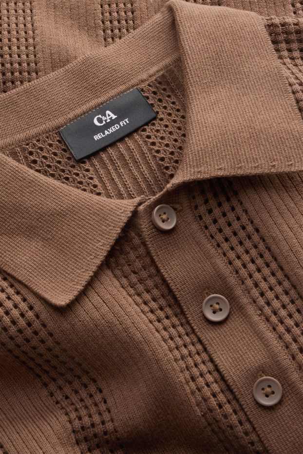 Heren - Gebreid poloshirt - relaxed fit - geribd - gestreept - bruin