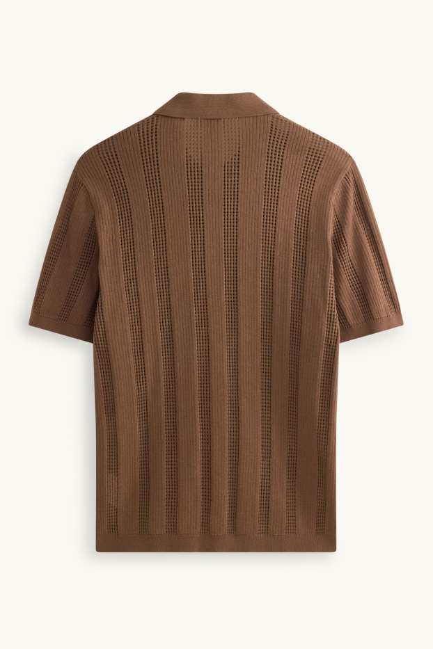 Heren - Gebreid poloshirt - relaxed fit - geribd - gestreept - bruin