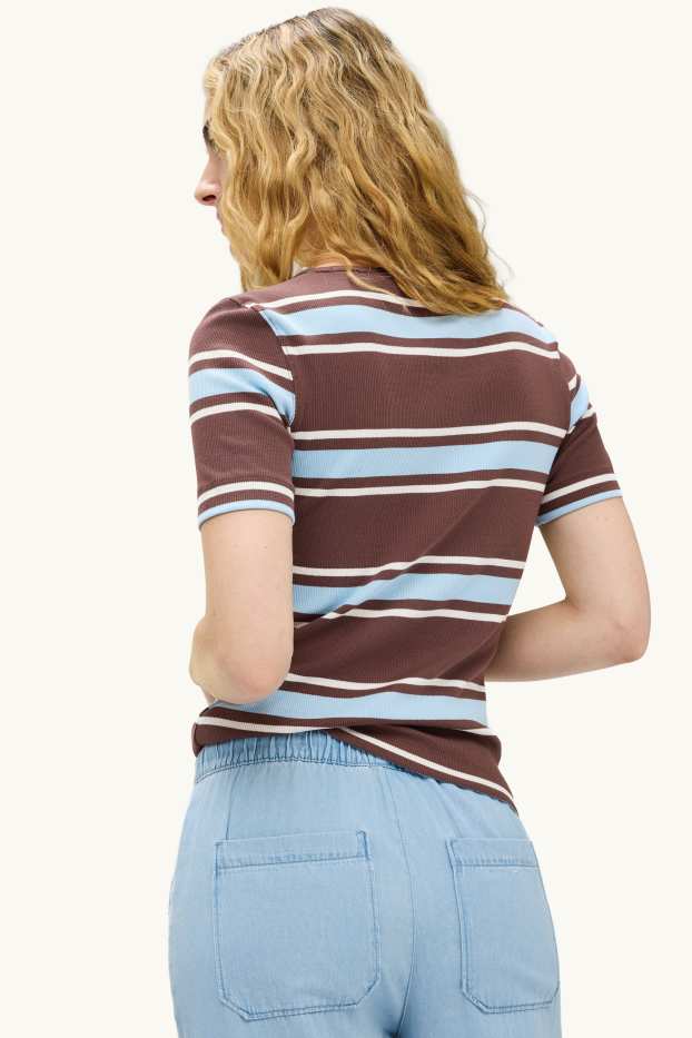 Dona - Samarreta de màniga curta - slim fit - acanalada - de ratlles - marró/blau