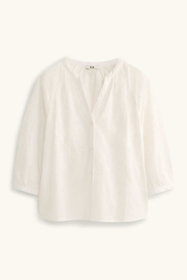 Damen - Bluse mit V-Ausschnitt - geblümt - strukturiert - weiß