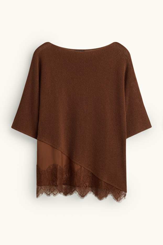 Femmes - Pull en maille - manches courtes - finition côtelée - marron