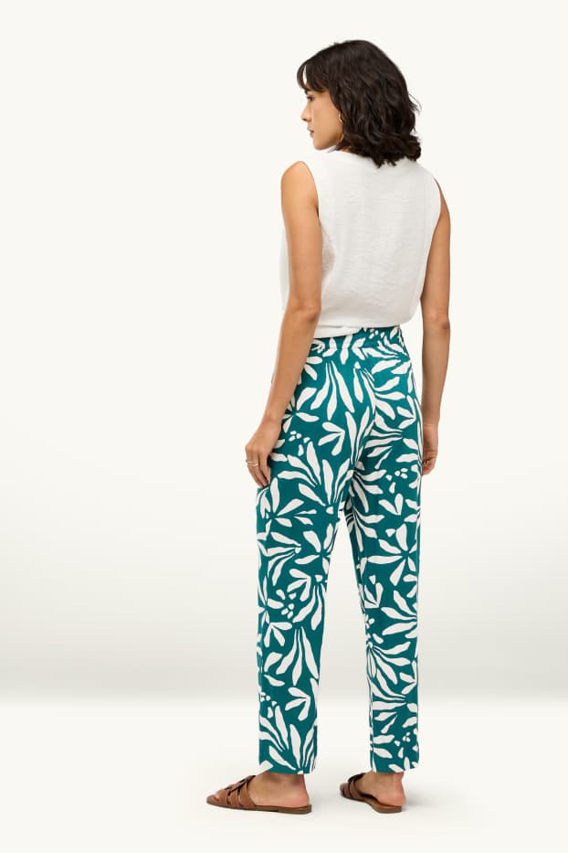 Dames - Pantalon - high waist - wide leg - gebloemd - groen