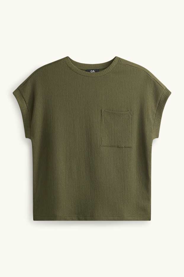 Dames - T-shirt - relaxed fit - met structuur - kaki