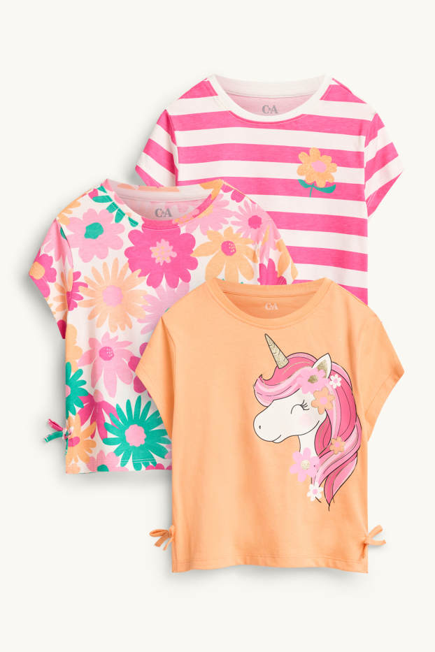 Kinder Mädchen - Blume und Einhorn - Multipack 3er - Kurzarmshirt - rosa