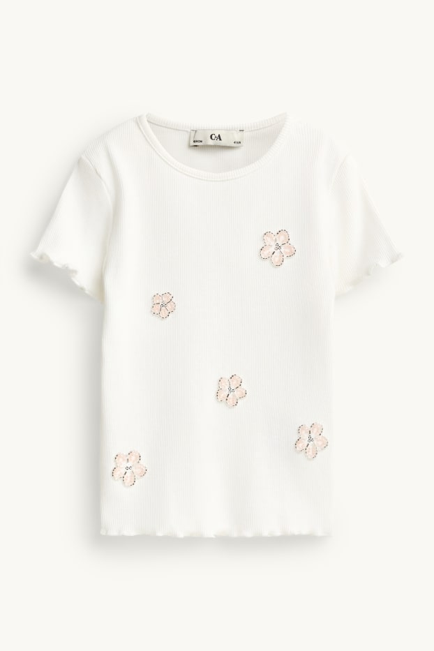 Děti - dívky - Květiny - tričko s krátkým rukávem - žebrované - bílá