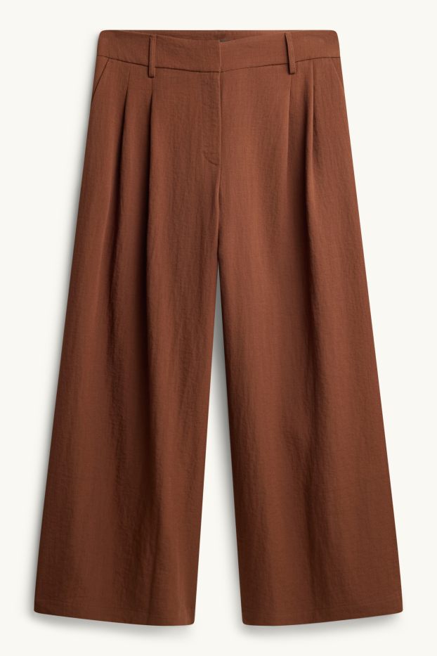 Dámské - Plátěné kalhoty - high waist - wide leg - hnědá