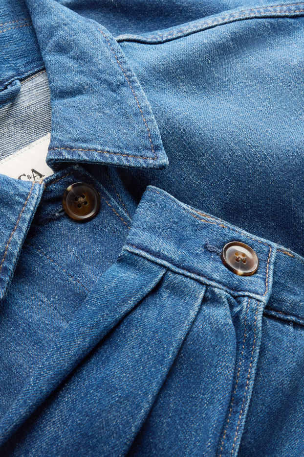 Dámské - Krátká džínová bunda - džíny - tmavomodré