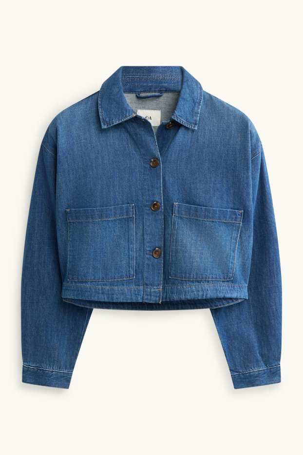 Dámské - Krátká džínová bunda - džíny - tmavomodré