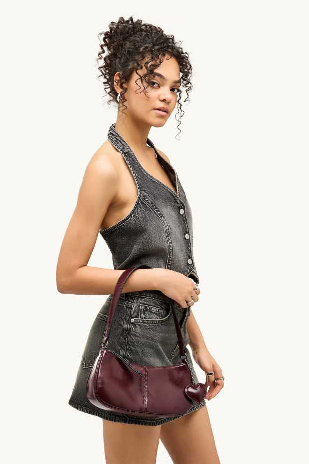 Damen - Schultertasche - Lederimitat - dunkelrot