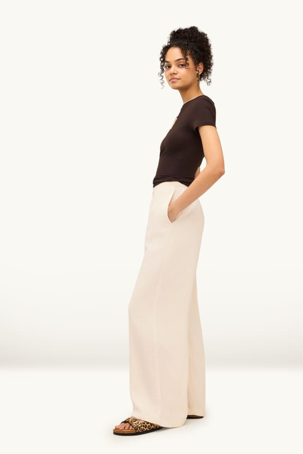 Femei - Pantaloni de stofă cu conținut de in - talie medie - loose fit - crem