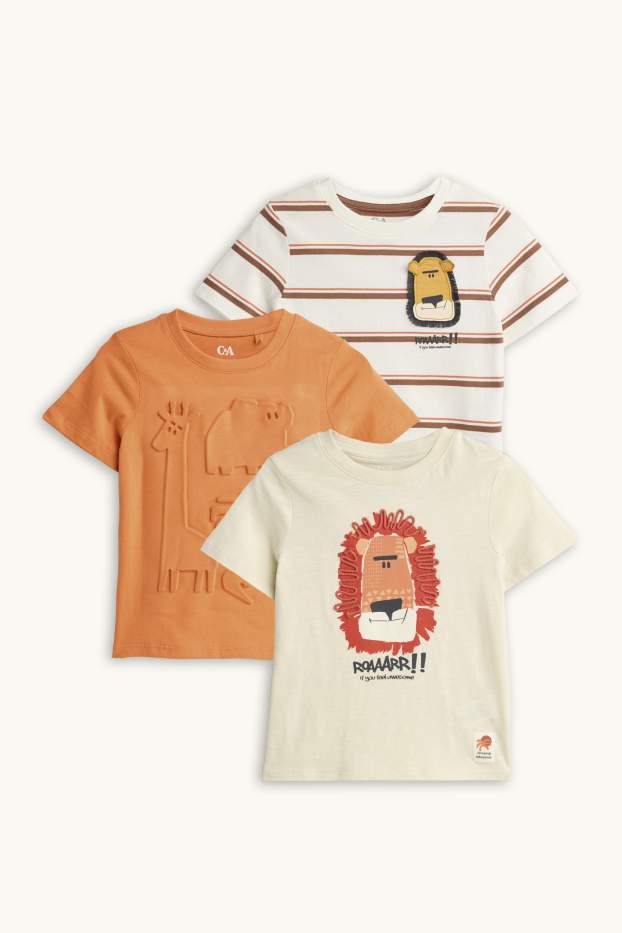 Kinder Buben - Multipack 3er - Wildtiere - Kurzarmshirt - weiß / orange