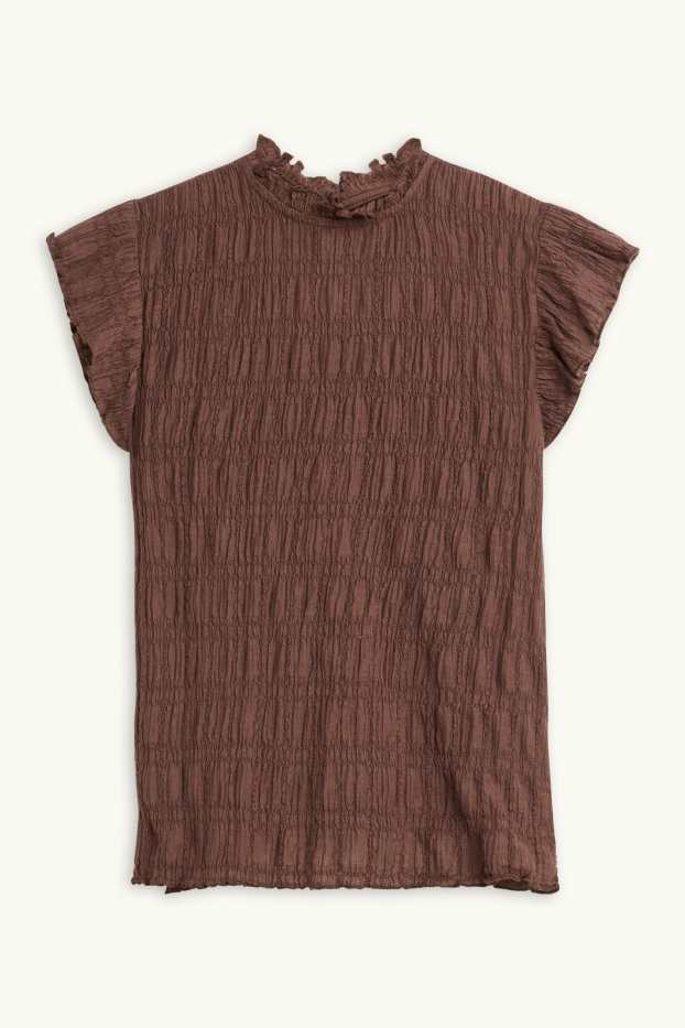 Femmes - T-shirt - regular fit - finition smockée - marron