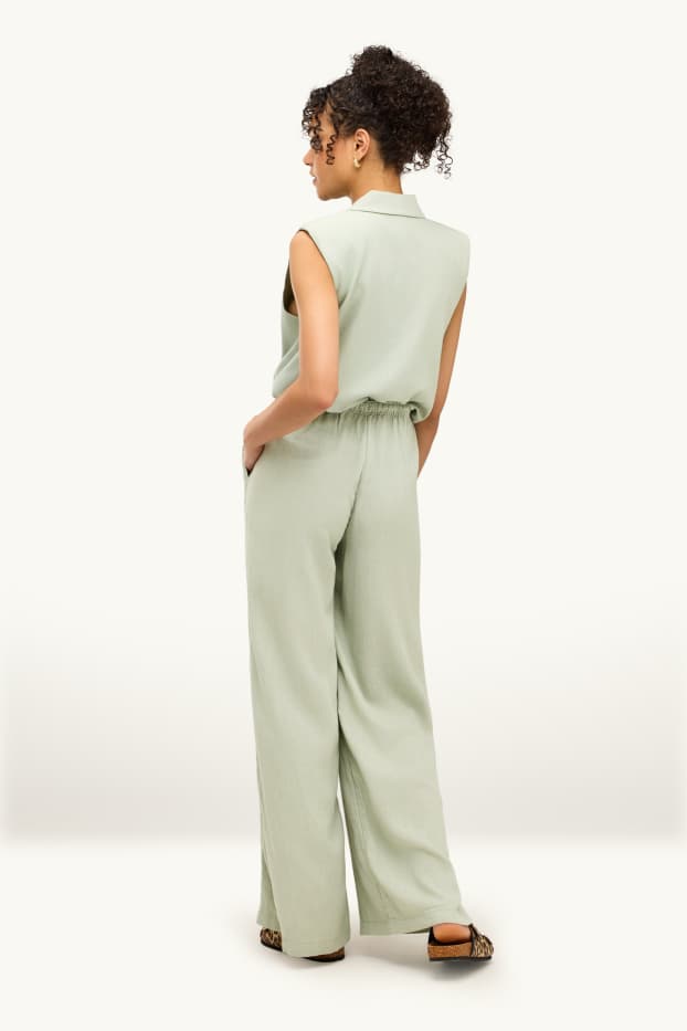 Mujer - Pantalón de tela con parte de lino - mid waist - loose fit - verde