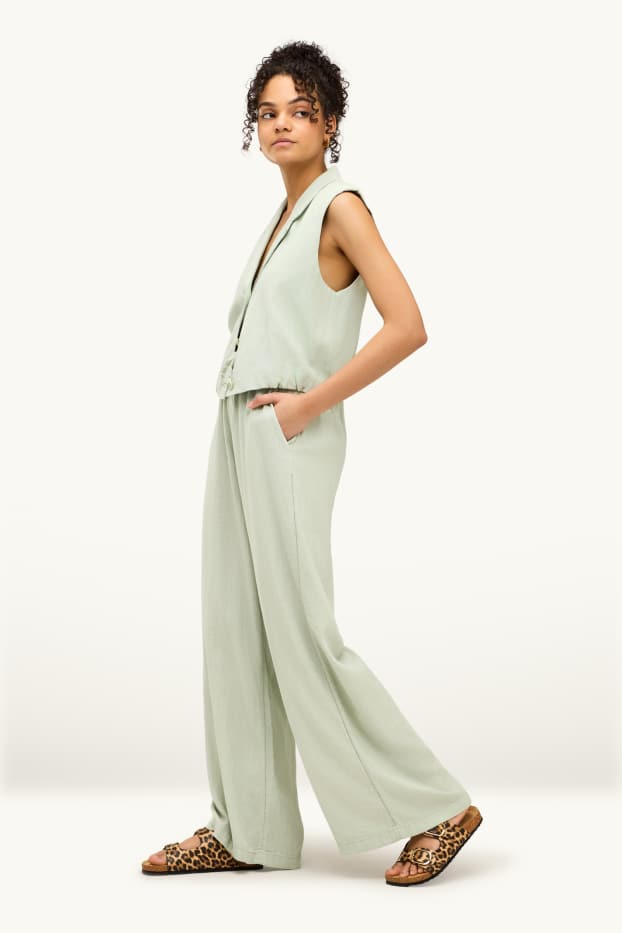 Mujer - Pantalón de tela con parte de lino - mid waist - loose fit - verde