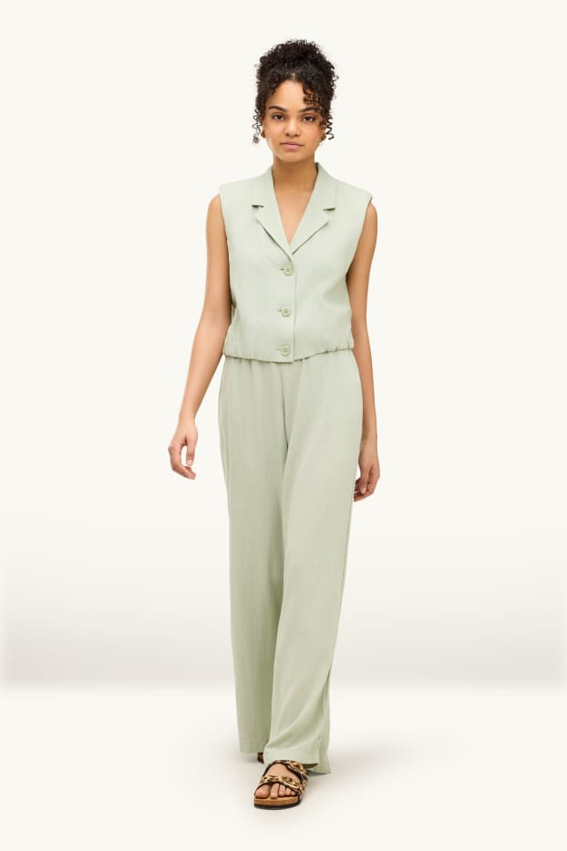 Mujer - Pantalón de tela con parte de lino - mid waist - loose fit - verde