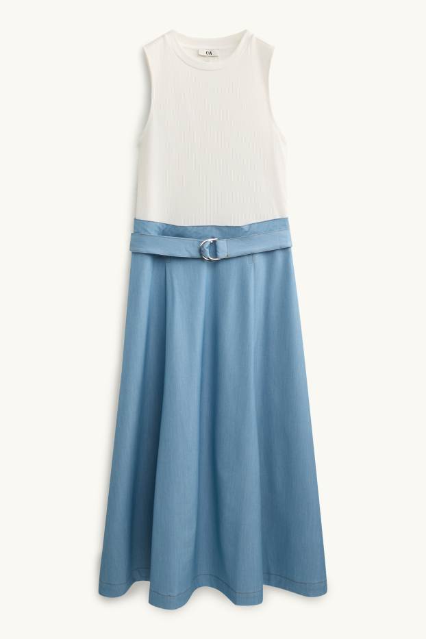 Damen - Fit & Flare Kleid mit Gürtel - weiß / blau