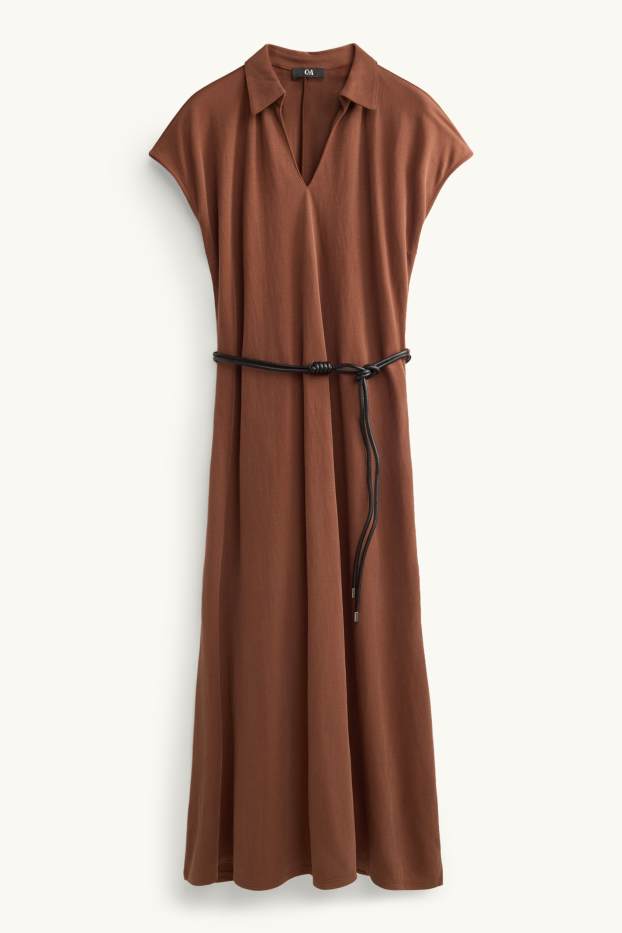 Damen - Fit & Flare Kleid mit Gürtel und V-Ausschnitt - braun