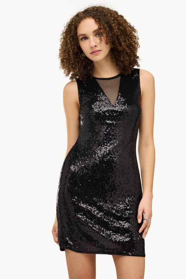 Damen - Figurbetontes Pailletten-Kleid - schwarz