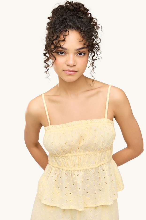 Damen - Blusentop - Broderie Anglaise - hellgelb