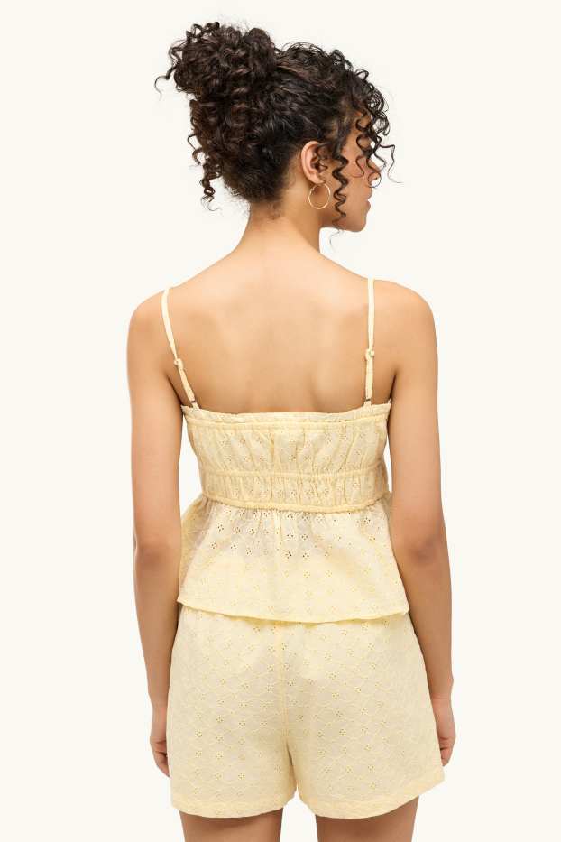 Damen - Blusentop - Broderie Anglaise - hellgelb