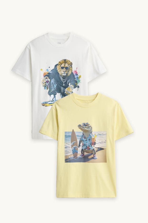 Kinder Buben - Multipack 2er - Krokodil und Löwe - Kurzarmshirt - weiß / gelb