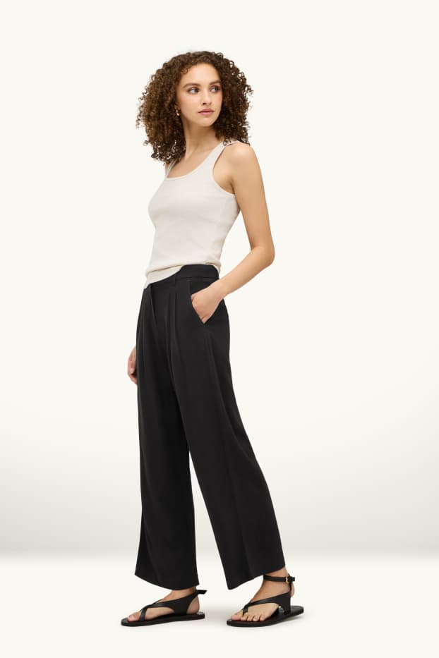 Damen - Stoffhose mit Leinen-Anteil - High Waist - Palazzo - schwarz