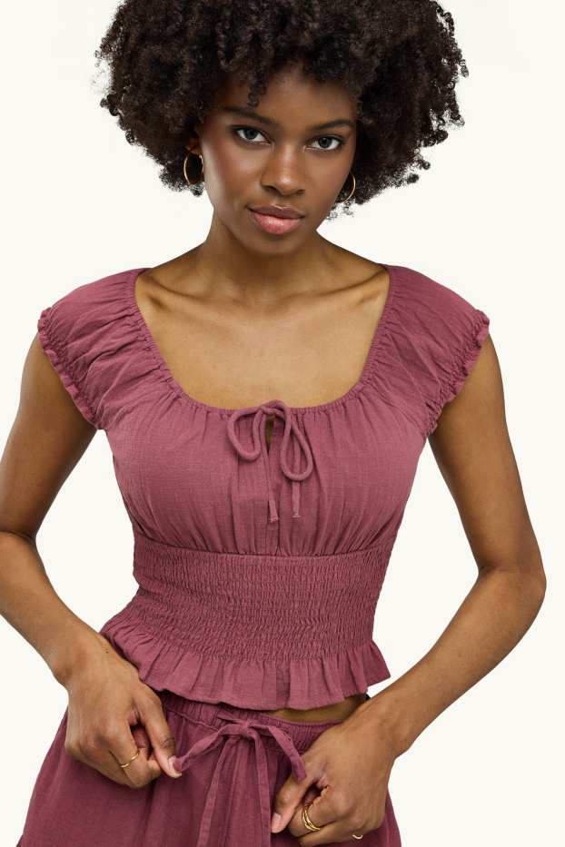 Damen - Blusentop - gesmokt - bordeaux