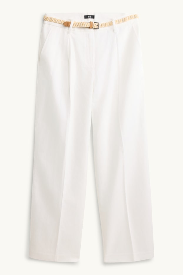 Dámské - Plátěné kalhoty s páskem a lněným podílem - mid waist - bílá