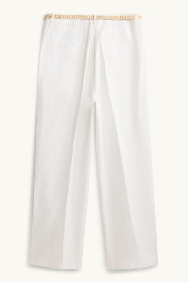 Dámské - Plátěné kalhoty s páskem a lněným podílem - mid waist - bílá