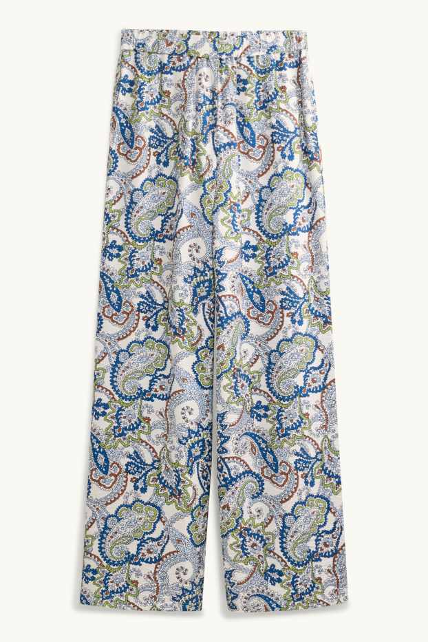 Dames - Pantalon - high waist - wide leg - met patroon - wit / blauw
