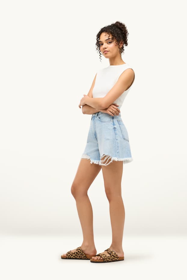 Women - Denim shorts - high waist - denim-light blue