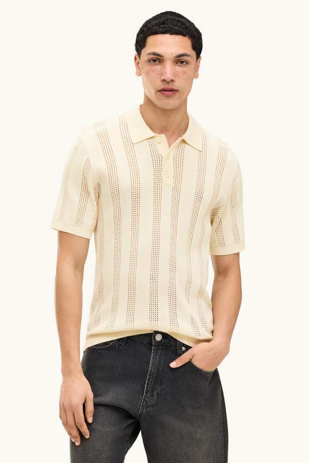 Heren - Gebreid poloshirt - relaxed fit - geribd - gestreept - crèmekleurig