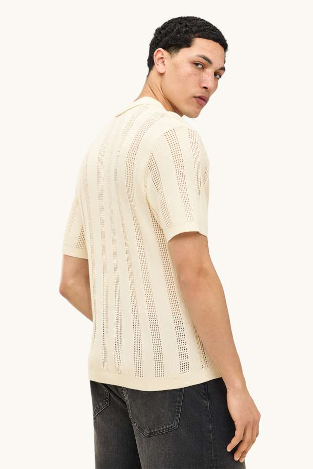 Heren - Gebreid poloshirt - relaxed fit - geribd - gestreept - crèmekleurig