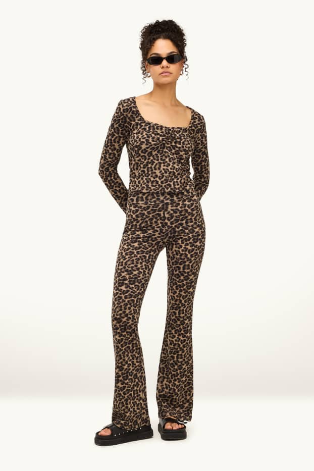 Damen - Flared Leggings - Leo-Print - braun