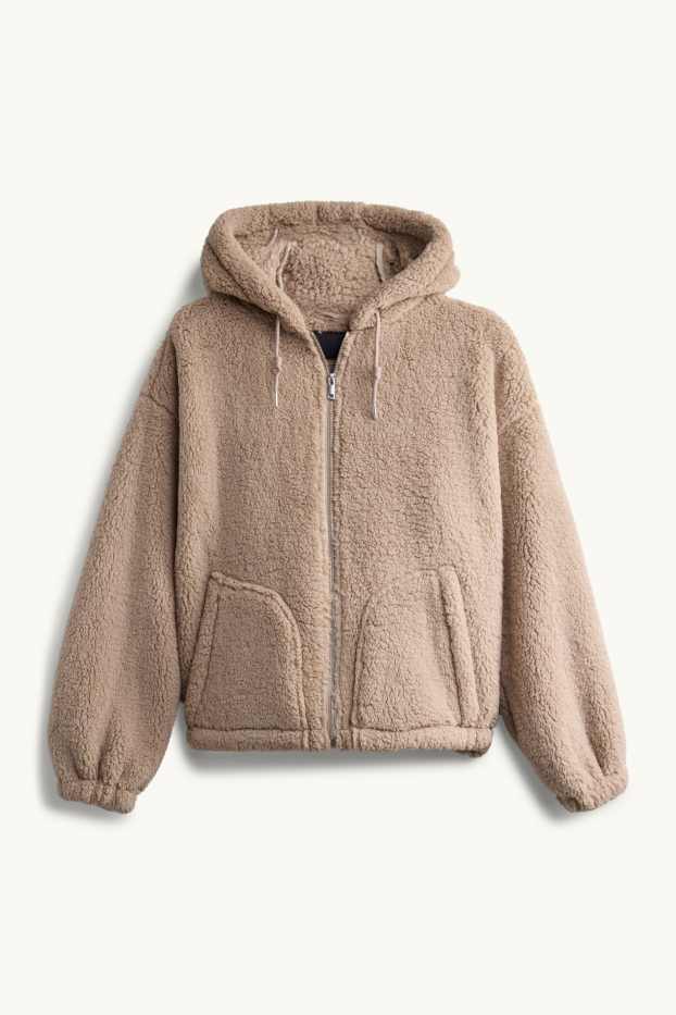 Women - Teddy fur jacket with hood - light brown