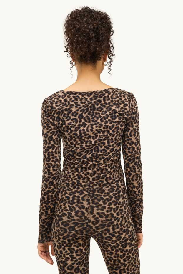 Damen - Crop Langarmshirt - Slim Fit - Leo-Print - braun