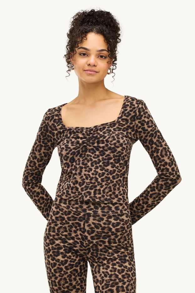 Damen - Crop Langarmshirt - Slim Fit - Leo-Print - braun